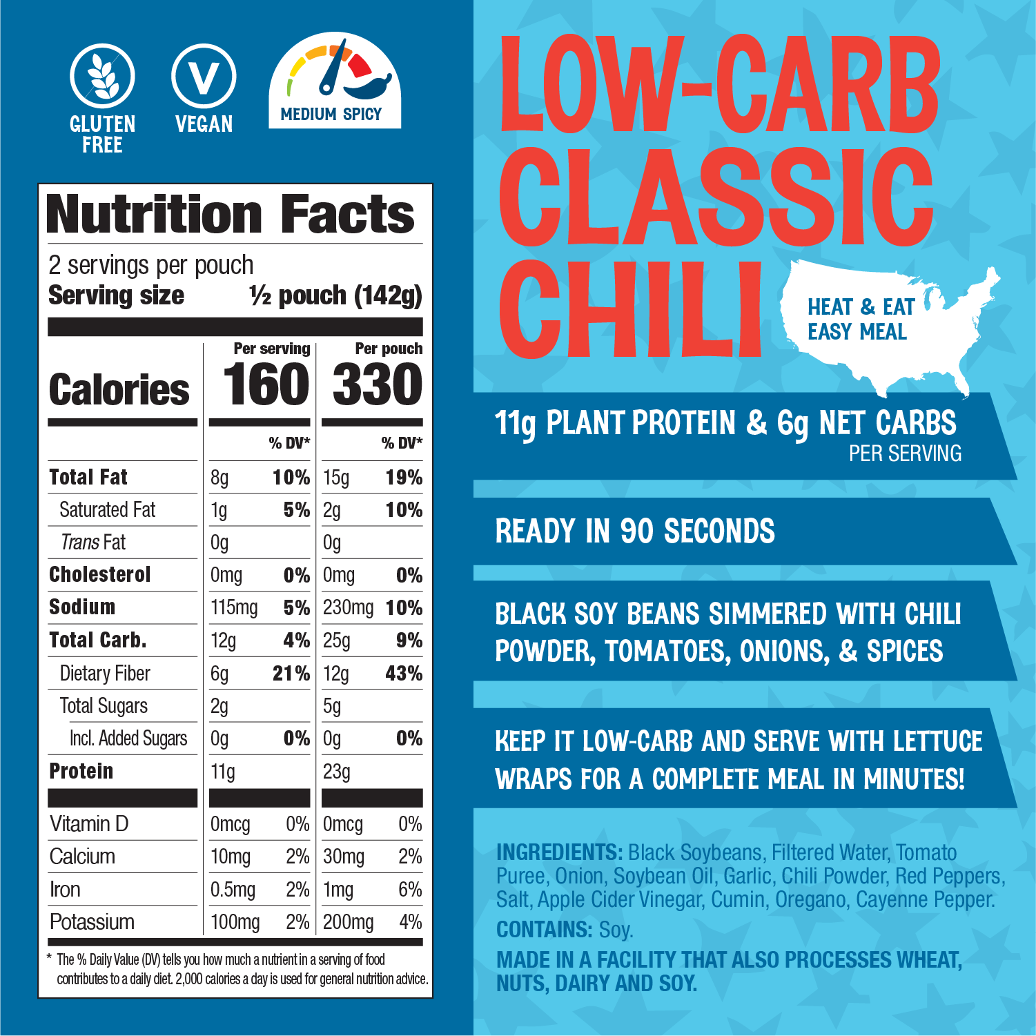 Heat-and-Eat Pouch, Low Carb Chili made with Black Edamame Beans, Keto Friendly
